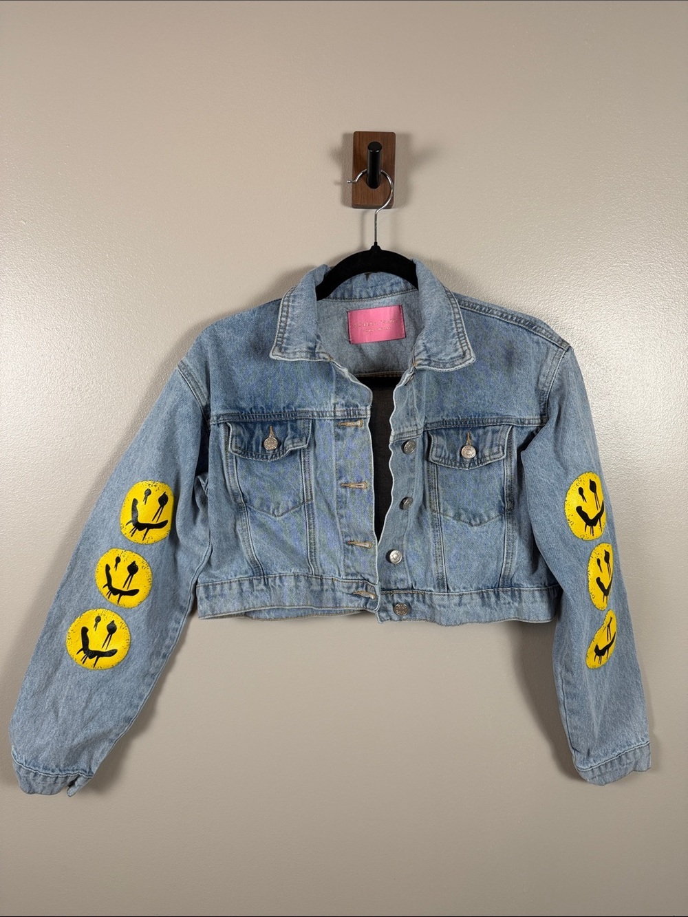 Azalea Wang Light Blue Cropped Denim Jacket with Yellow Smiley Faces